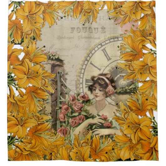 シャワーカーテンパリフランス金ゴールドイエローフローラ シャワーカーテン (正面)