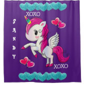 シャワーカーテンパープルユニコーンブルーハートxoxo シャワーカーテン (正面)