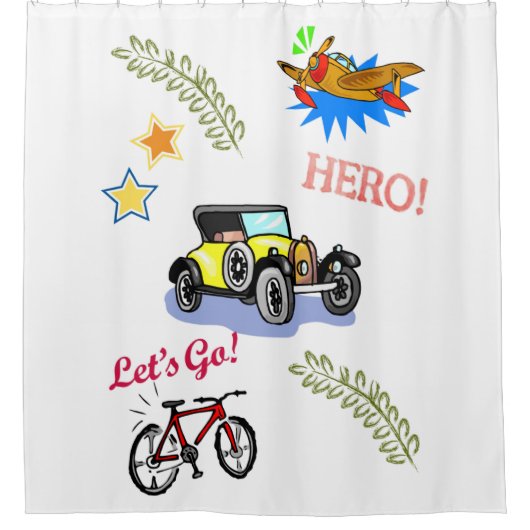 シャワーカーテンヒーロー自転車用飛行機 シャワーカーテン (正面)