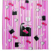 シャワーカーテンピンクの口紅ストライプハート シャワーカーテン (正面)
