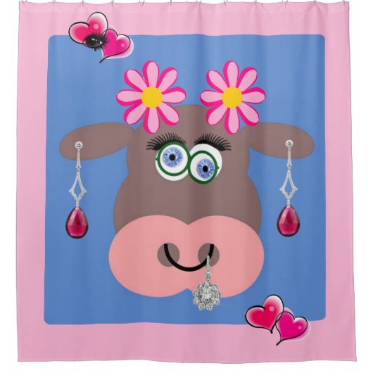 シャワーカーテンピンクカウブルーフローラ シャワーカーテン (正面)