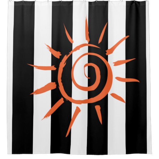 シャワーカーテンブラックとホワイトストライプオレンジ星 シャワーカーテン (正面)