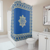 シャワーカーテンブルーと金ゴールドメダリオン シャワーカーテン (インサイチュ)