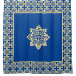 シャワーカーテンブルーと金ゴールドメダリオン シャワーカーテン