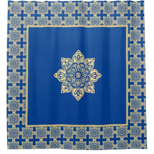 シャワーカーテンブルーと金ゴールドメダリオン シャワーカーテン (正面)