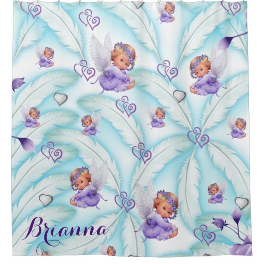 シャワーカーテンブルーパープルベビー天使の羽 シャワーカーテン (正面)