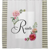 シャワーカーテンベージュブラウンストライプフローラ シャワーカーテン (正面)