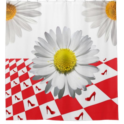 シャワーカーテンホワイトデイジー赤市松模様にヒール シャワーカーテン (正面)