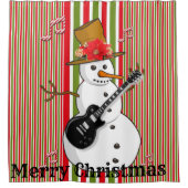 シャワーカーテンレッドグリーンホワイトストライプ雪だるま シャワーカーテン (正面)