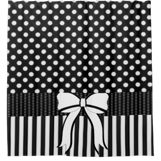 シャワーカーテン水玉模様白黒ストライプボウ シャワーカーテン (正面)