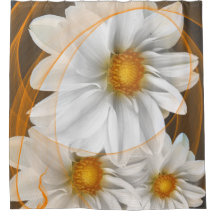 シャワーカーテン花白色ブラックオレンジ