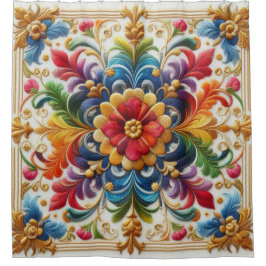 シャワーカーテン虹花刺繍見る シャワーカーテン