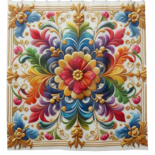 シャワーカーテン虹花刺繍見る シャワーカーテン (正面)