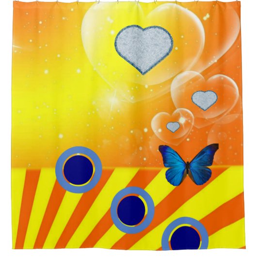 シャワーカーテン、オレンジ、青 シャワーカーテン (正面)