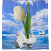 シャワーカーテン ビーチハウス 白い鳩 チューリップ (正面)