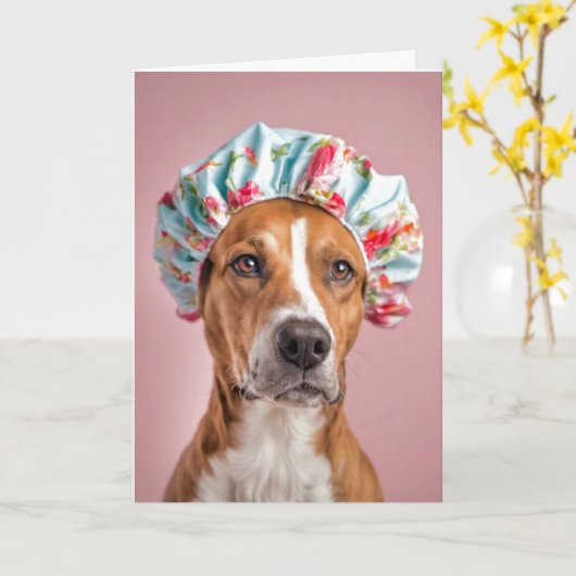 シャワーキャップを被った犬 カード (黄色い花)