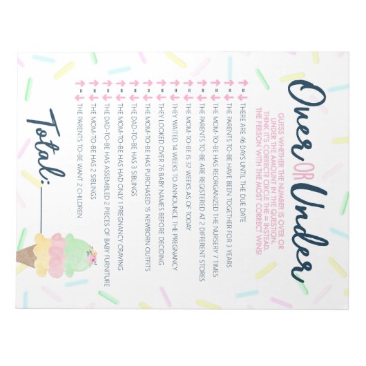 シャワーゲームパックの上または下のアイスクリーム ノートパッド (正面)