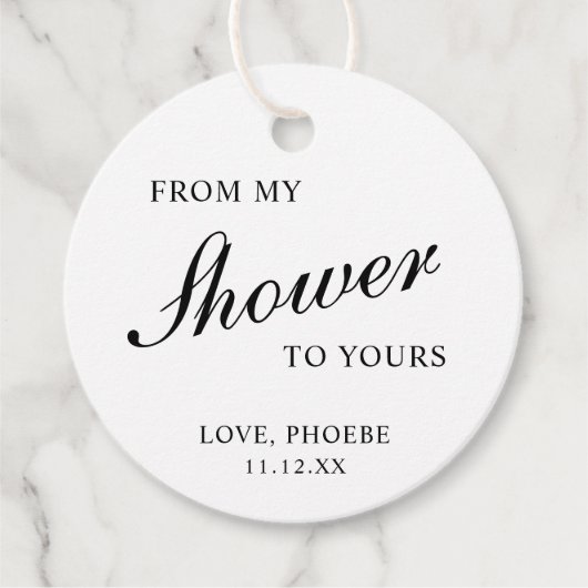 シャワータイムから貴女のもとへ ブラック&ホワイトのウェディングシャワー フェイバータグ (正面)