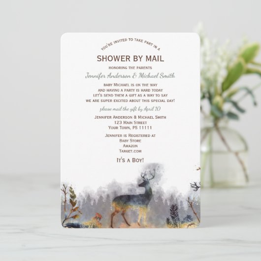 シャワーバイメールウォーターカラーフォレストウッドランドディアーベビー 招待状 (スタンド正面)