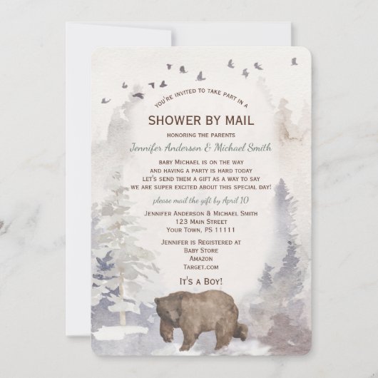 シャワーバイメールウォーターカラーフォレストウッドランドベアベビー 招待状 (正面)