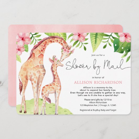 シャワーバイメールキリンサファリのベビーガール 招待状 (正面/裏面)