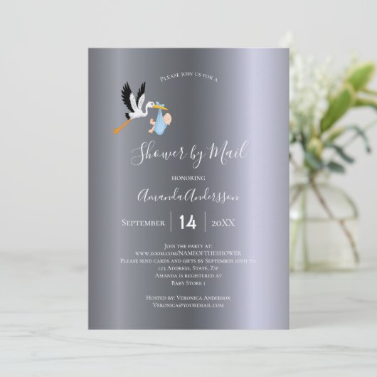 シャワーバイメールストーク男の赤ちゃんシルバーかわいい 招待状 (スタンド正面)