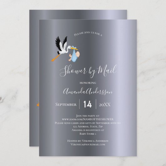 シャワーバイメールストーク男の赤ちゃんシルバーかわいい 招待状 (正面/裏面)