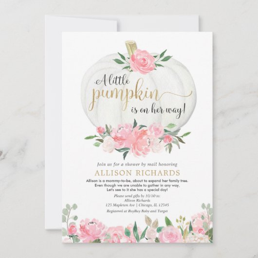 シャワーバイメールピンク金ゴールドホワイトカボチャガールベビー 招待状 (正面)