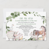 シャワーバイメールファーム納屋周囲の庭動物男の赤ちゃん 招待状 (正面)