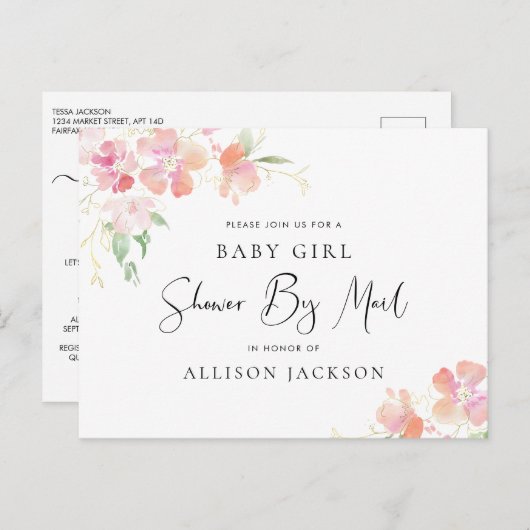 シャワーバイメールフローラピンクコーラル金ゴールドベビーガール インビテーションポストカード (正面/裏面)