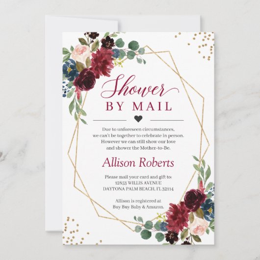 シャワーバイメールブルゴーニュ海軍フローラ金ゴールド幾何学模様 招待状 (正面)