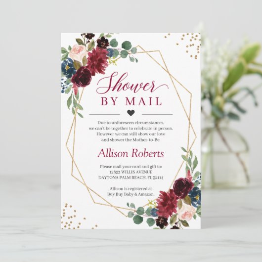 シャワーバイメールブルゴーニュ海軍フローラ金ゴールド幾何学模様 招待状 (スタンド正面)