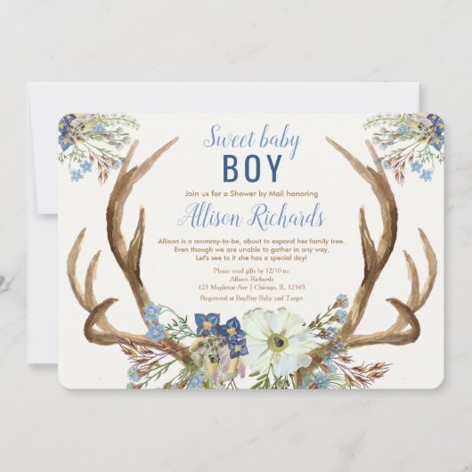 シャワーバイメール素朴〔雄ジカの〕枝角ブルーフローラボーイベビー 招待状 (正面)