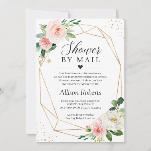 シャワーバイメール赤面ピンクフローラ金ゴールド幾何学模様 招待状 (正面)