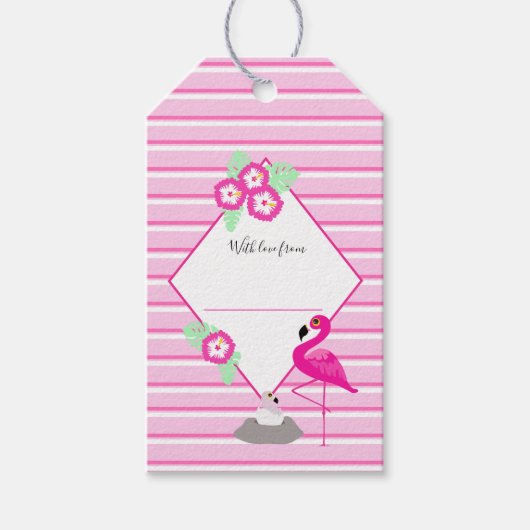 シャワーフラミンゴのグラフィックストライプ表示 ギフトタグ (正面)