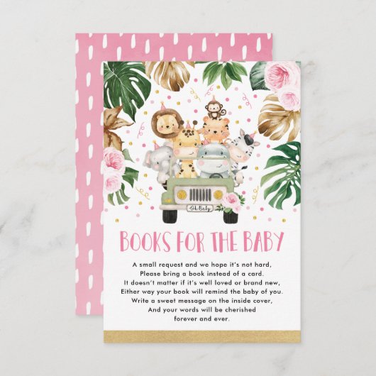 シャワーブックでドライブする女の子のジャングル動物ベビー エンクロージャーカード (正面/裏面)