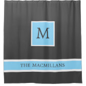 シャワー付きグレーとライトブルーのモノストライプグラム  シャワーカーテン (正面)