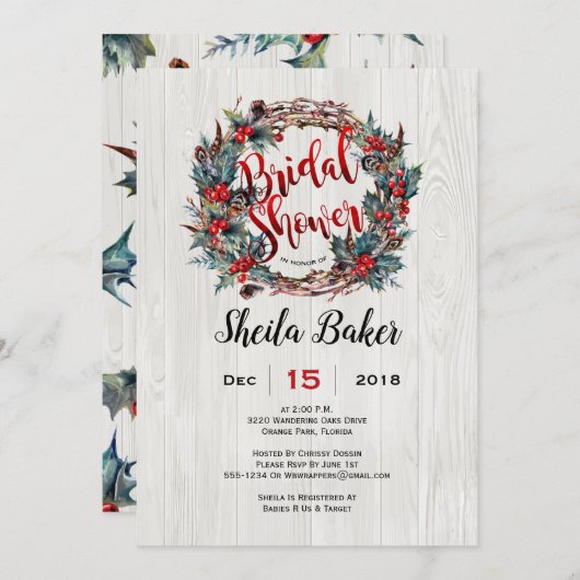 シャワー招待状，ホリデー招待状,リース 招待状 (正面/裏面)