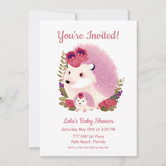 シャワー招待状 – ママとベビーガールヘッジホグ 招待状 (正面)