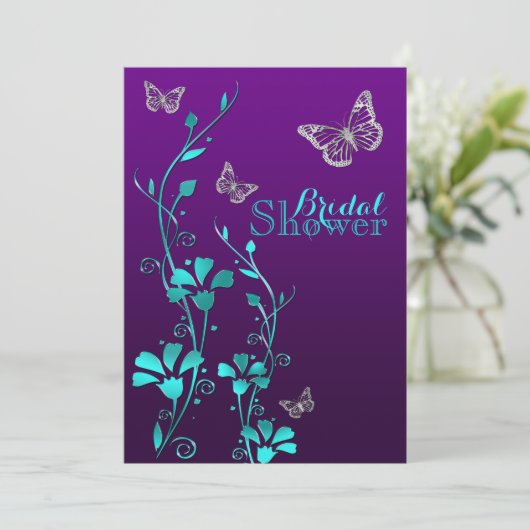 シャワー招待状 |紫のティール(緑がかった色)、フローラ、蝶 招待状 (スタンド正面)
