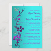 シャワー招待状 |紫のティール（緑がかった色）、フローラ、蝶 招待状 (裏面)