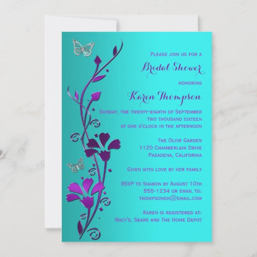 シャワー招待状 |紫のティール(緑がかった色)、フローラ、蝶 招待状 (裏面)