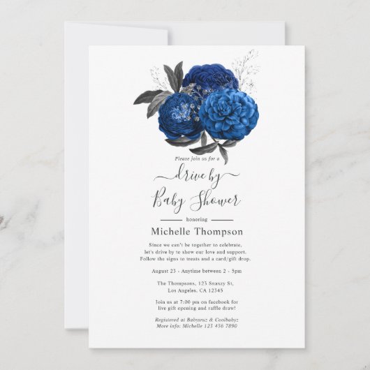 シャワー王室ので青と銀のフローラドライブ 招待状 (正面)