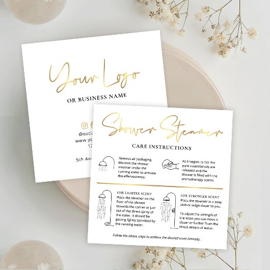 シャワー蒸し火気に輝者ガイドホワイト&金ゴールドロゴ スクエア名刺