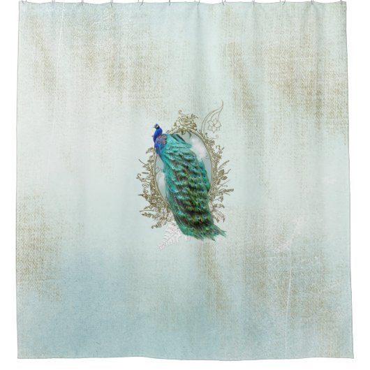シャワー・カーテンの孔雀、ターコイズ、ぼろぼろのヴィンテージ シャワーカーテン (正面)