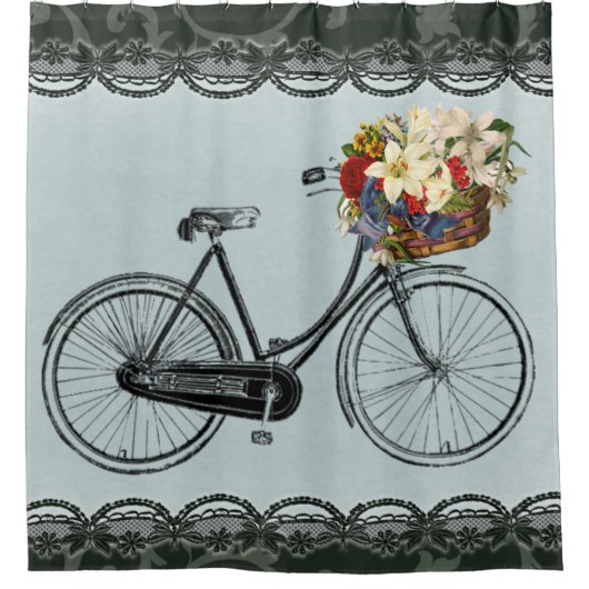 シャワー・カーテンの自転車の花のバイクのミントの緑 シャワーカーテン (正面)