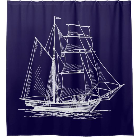 シャワー・カーテンの航海のな青い帆ボートの船 シャワーカーテン (正面)