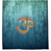 シャワー・カーテンの金ゴールドの青いダマスク織のヨガの記号om シャワーカーテン (正面)