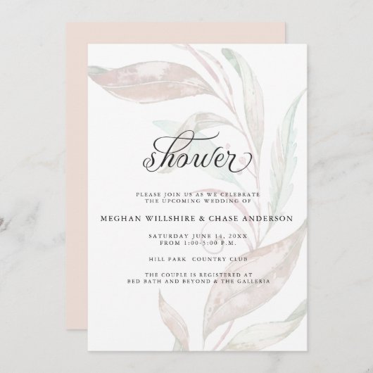 シャワー |サンゴの淡い色の葉の束 招待状 (正面/裏面)