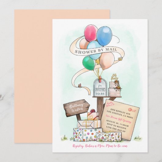 シャワー・バイ・メール 仮想ベイビーシャワー 風船 郵便箱 招待状 (正面/裏面)